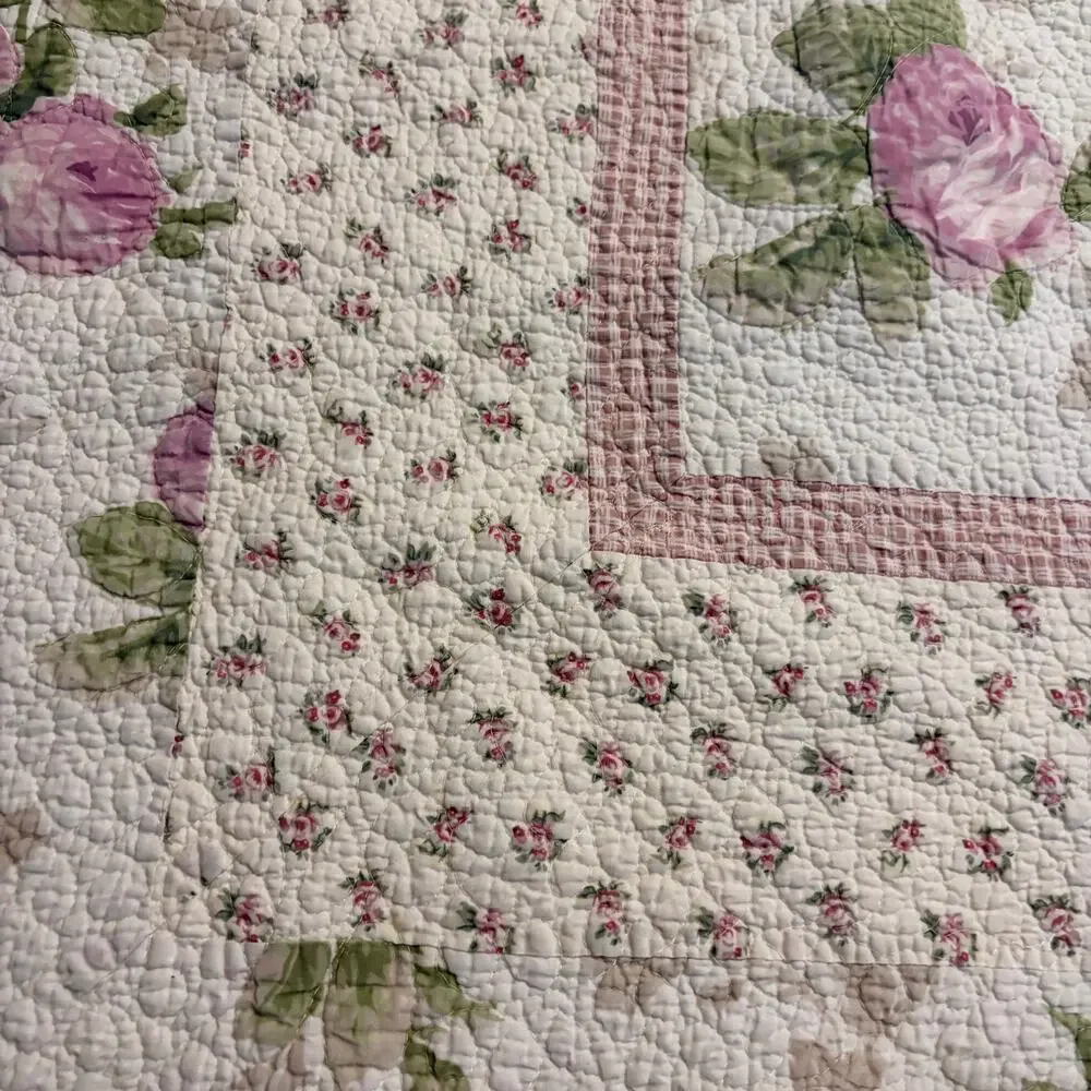 Laura Ashley Twin Floral White Pink Cottage Reversible Quilted Blanket Sham Set